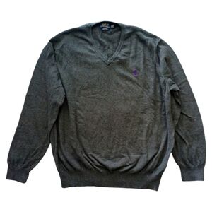 Men's Polo Ralph Lauren V neck charcoal grey sweater with purple horse. Size XL
